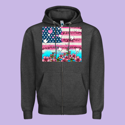American Flag And Teeth With Flowers Zipper Hoodie Designed By Adodesignshop