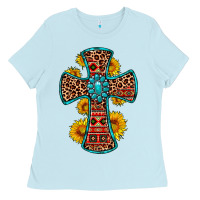 Baby Blue gemstone sunflower leopard cross Ladies Tee - OliviaCreatesArt