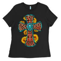 Black gemstone sunflower leopard cross Ladies Tee - OliviaCreatesArt