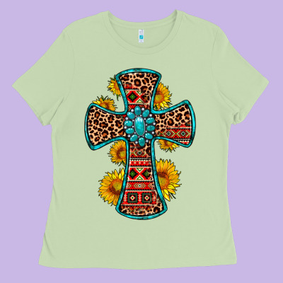 Gemstone Sunflower Leopard Cross Ladies Tee Designed By Oliviacreatesart