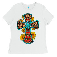 White gemstone sunflower leopard cross Ladies Tee - OliviaCreatesArt