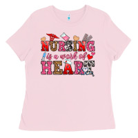 Bubblegum Pink nursing is a work of heart Ladies Tee - OliviaCreatesArt