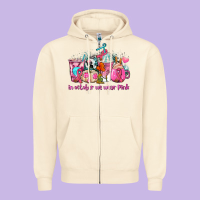 Western Cancer  In October We Wear Pink Coffee Cups With Ribbons Zipper Hoodie Designed By Adodesignshop