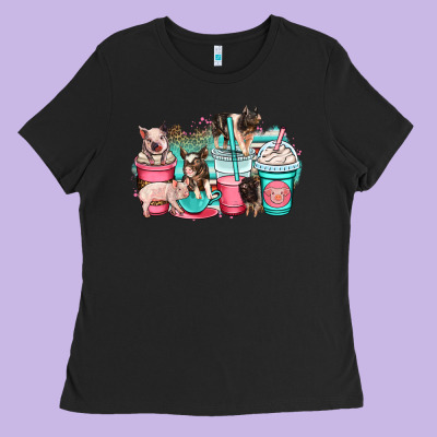 Pig Coffee Cups Ladies Tee Designed By Oliviacreatesart