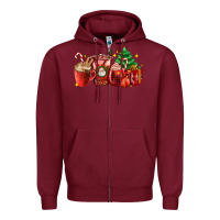 Burgundy Christmas coffee cups with gift and Christmas tree Zipper Hoodie - AdoDesignShop
