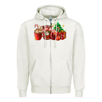 Oatmeal Heather Christmas coffee cups with gift and Christmas tree Zipper Hoodie - AdoDesignShop