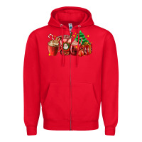 Red Christmas coffee cups with gift and Christmas tree Zipper Hoodie - AdoDesignShop
