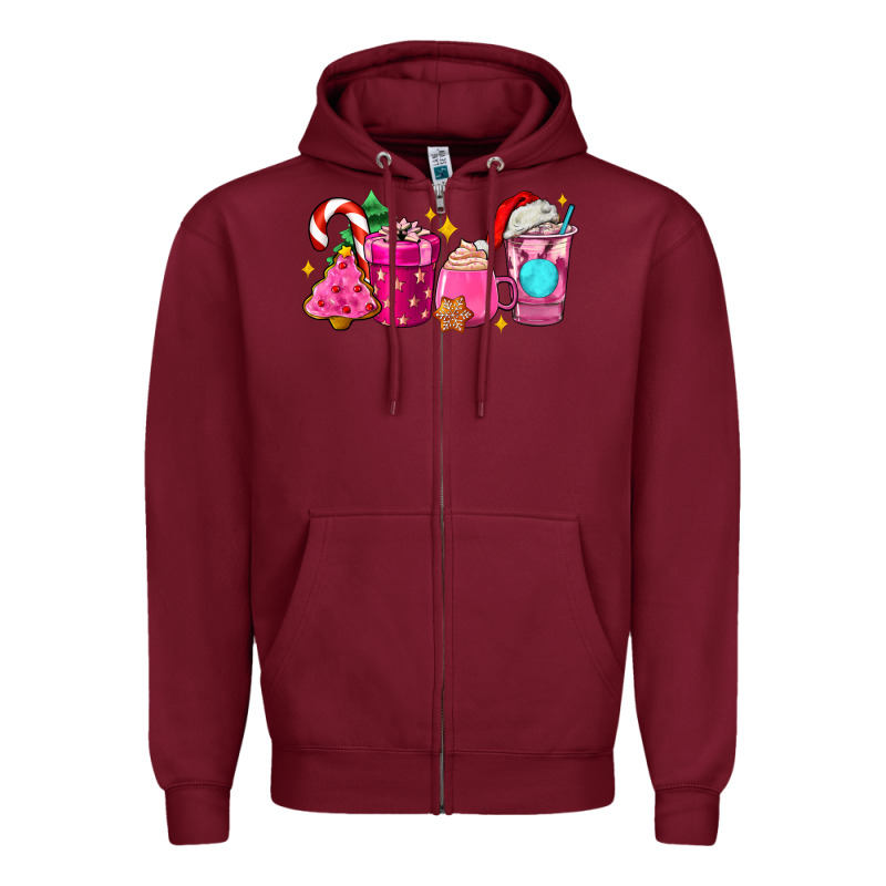 Pink Christmas Coffee Cups Zipper Hoodie by AdoDesignShop | Teevron