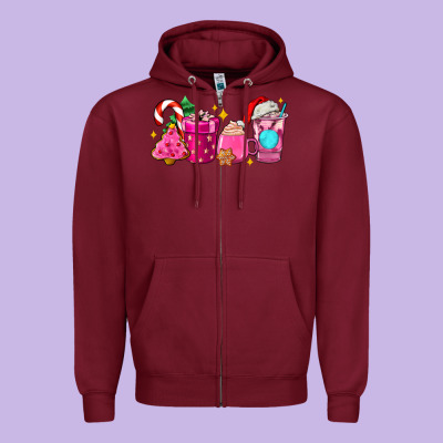 Pink Christmas Coffee Cups Zipper Hoodie Designed By Adodesignshop