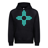 Black New Mexico Zia Sun in Turquoise Blue Urban Hoodie - PixelFlow