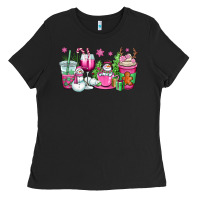 Black pink christmas snowman coffee cups Ladies Tee - OliviaCreatesArt