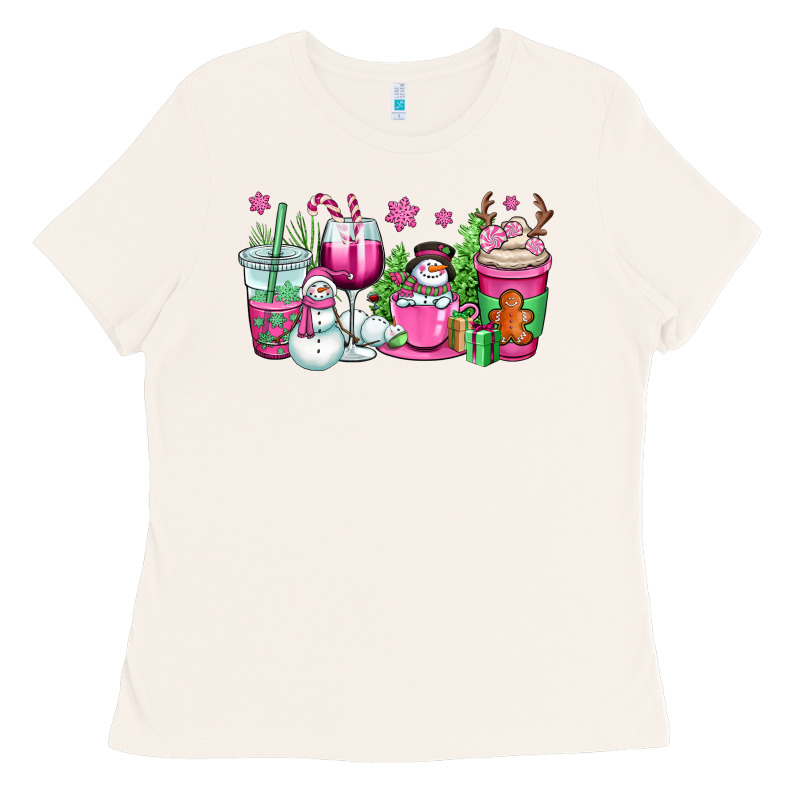 Pink Christmas Snowman Coffee Cups Ladies Tee by OliviaCreatesArt | Teevron