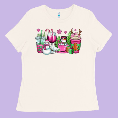 Pink Christmas Snowman Coffee Cups Ladies Tee Designed By Oliviacreatesart