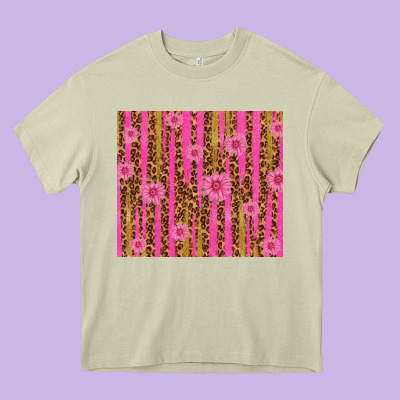 Glitter Pink Stripe Leopard Pattern With Flowers Heavy Core Tee Designed By Tumblerdesignbyshophia