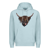 Blue Mist Black highland cow Premium Hoodie - RanaPortraitStore
