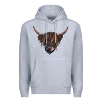 Heather Grey Black highland cow Premium Hoodie - RanaPortraitStore