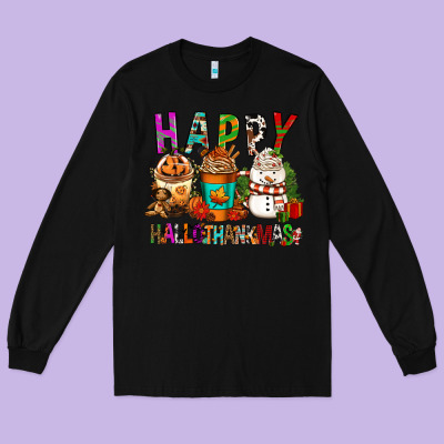 Happy Hallothankmas Coffee Cups Long Sleeve Tee Designed By Fadigitalartstudio