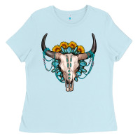 Baby Blue sunflower gemstone bull skull Ladies Tee - OliviaCreatesArt