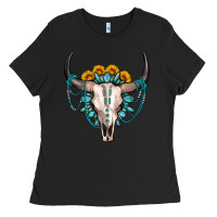 Black sunflower gemstone bull skull Ladies Tee - OliviaCreatesArt