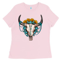 Bubblegum Pink sunflower gemstone bull skull Ladies Tee - OliviaCreatesArt