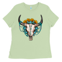 Matcha sunflower gemstone bull skull Ladies Tee - OliviaCreatesArt