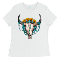 White sunflower gemstone bull skull Ladies Tee - OliviaCreatesArt