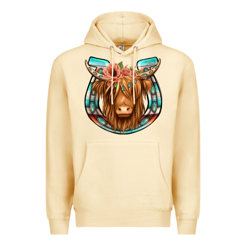 Highland Cow Serape Floral Headband Horseshoe Premium Hoodie by Jasminsmagicworld | Teevron
