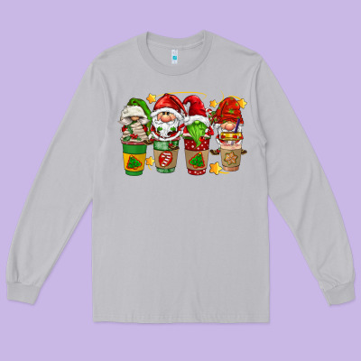 Christmas Coffee Cups Gnomies Long Sleeve Tee Designed By Fadigitalartstudio