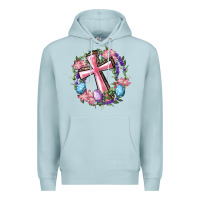 Blue Mist Cross With Floral Wreath And Easter Eggs Premium Hoodie - RanaPortraitStore