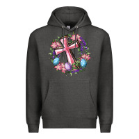Charcoal Heather Cross With Floral Wreath And Easter Eggs Premium Hoodie - RanaPortraitStore