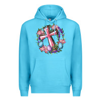 Ocean Blue Cross With Floral Wreath And Easter Eggs Premium Hoodie - RanaPortraitStore