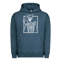 Pigment Midnight Navy distressed skeleton vintage smiling skull drinking coffee Urban Hoodie - artisFamous