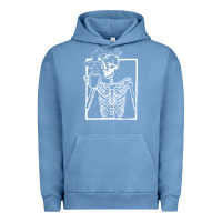 Pigment Pebble Blue distressed skeleton vintage smiling skull drinking coffee Urban Hoodie - artisFamous
