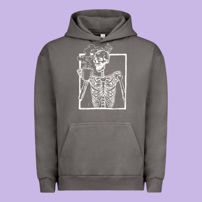Distressed Skeleton Vintage Smiling Skull Drinking Coffee Urban Hoodie Designed By Artisfamous