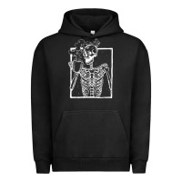 Pigment Black distressed skeleton vintage smiling skull drinking coffee Urban Hoodie - artisFamous