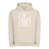 Pigment French Oak distressed skeleton vintage smiling skull drinking coffee Urban Hoodie - artisFamous