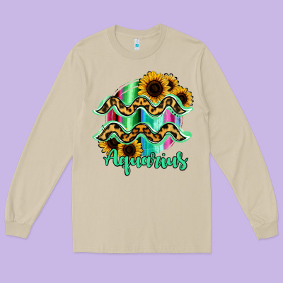 Aquarius Zodiac Sign Sunflower Leopard Serape Long Sleeve Tee Designed By Ranaportraitstore