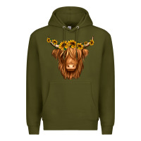 Army Green sunflower headband highland cow Premium Hoodie - Jasminsmagicworld