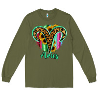 Army Green Aries Zodiac Sign Sunflower Leopard Serape Long Sleeve Tee - RanaPortraitStore