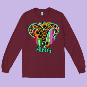 Aries Zodiac Sign Sunflower Leopard Serape Long Sleeve Tee Designed By Ranaportraitstore