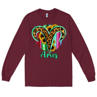 Burgundy Aries Zodiac Sign Sunflower Leopard Serape Long Sleeve Tee - RanaPortraitStore
