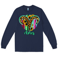 Navy Aries Zodiac Sign Sunflower Leopard Serape Long Sleeve Tee - RanaPortraitStore