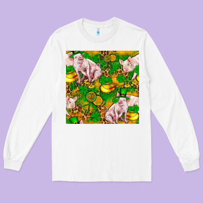 St Patricks  Day Pig With Candy And Pot Of Gold  Seamless Pattern Long Sleeve Tee Designed By Fadigitalartstudio