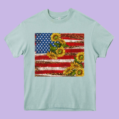 American Flag Sunflowers With Leopard Heavy Core Tee Designed By Tumblerdesignbyshophia