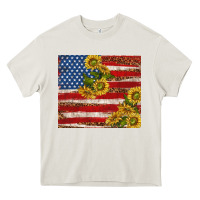 Cream American flag sunflowers with leopard Heavy Core Tee - TumblerDesignByShophia