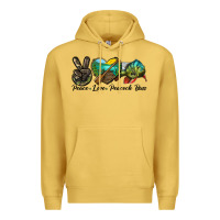 Antique Gold Peace Love Peacock Bass Premium Hoodie - LillyAllenDesigns