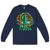 Navy Libra Zodiac Sign Sunflower Leopard Serape Long Sleeve Tee - RanaPortraitStore
