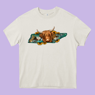 Tennessee Map Long Haired Cow Heavy Core Tee Designed By Jasminsmagicworld