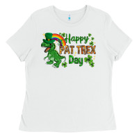 White St. Patrick's Happy Pat T-Rex Day with rainbow Ladies Tee - HowdyJamesFarm