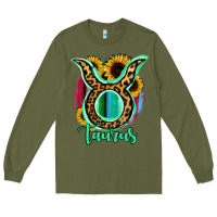 Army Green Taurus Zodiac Sign Sunflower Leopard Serape Long Sleeve Tee - RanaPortraitStore
